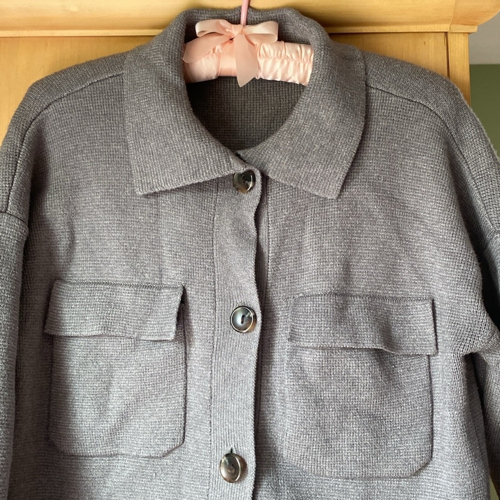 Grey Collared Button Down Sweater With Pockets Si… - image 2